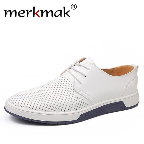 Merkmak Brand Summer Men Leather Casual Shoes Fashion Breathable Holes White Leisure Shoes Flats Big Size 37-48 Driver Footwear