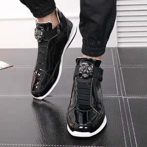 New Fashion High Top Casual Shoes For Men Super Cool lion Head gold silver botas Mens Casual Shoes Men High Top PU Leather Shoes
