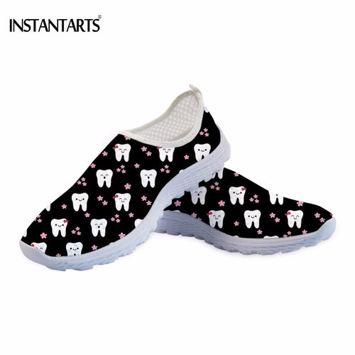 INSTANTARTS Funny 3D Cartoon Dentist/Tooth Pattern Female Black Summer Sneakers Lightweight Mesh Air Flat Shoes Walking Footwear