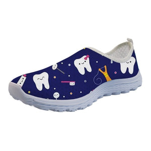 INSTANTARTS Funny 3D Cartoon Dentist/Tooth Pattern Female Black Summer Sneakers Lightweight Mesh Air Flat Shoes Walking Footwear