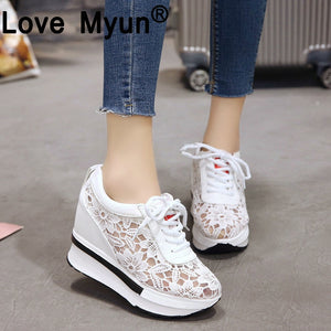 Hot Sales 2019 Summer New Lace Breathable Sneakers Women Shoes Comfortable Casual Woman Platform Wedge Shoes hjm89